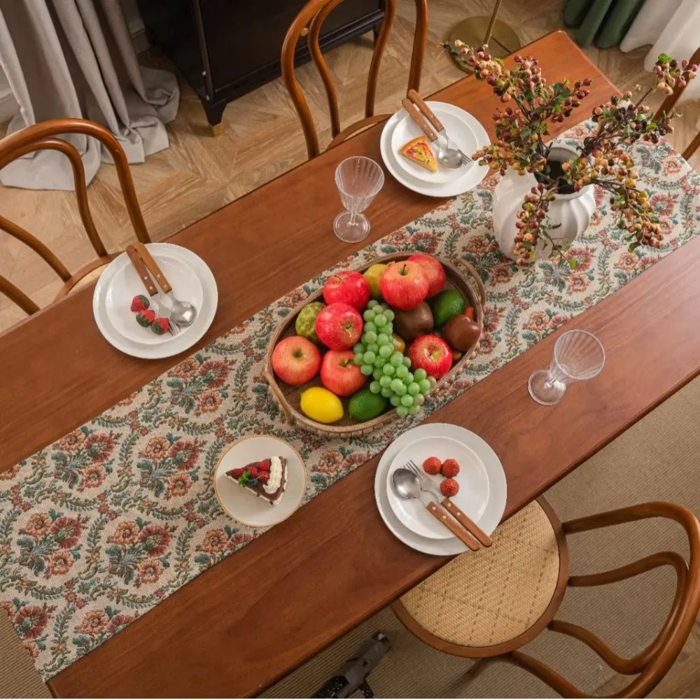 

Elegant Vintage Jacquard Table Runner Flower Pattern with Tassel Tablecloth Thickened Table Cover Banquet