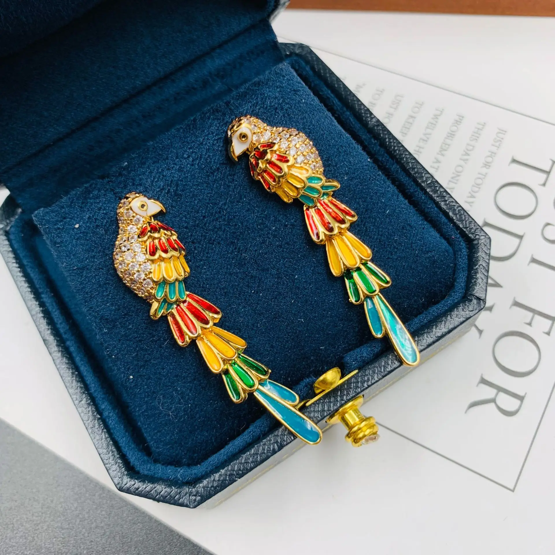 

Medieval vintage enamel parrot earrings