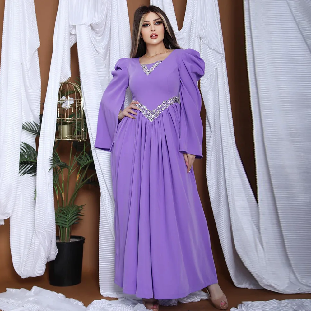 Lavanda-vestido de noche árabe saudí, traje de fiesta Formal con cuentas y cuello en V, manga larga, talla personalizada, línea A, 2024