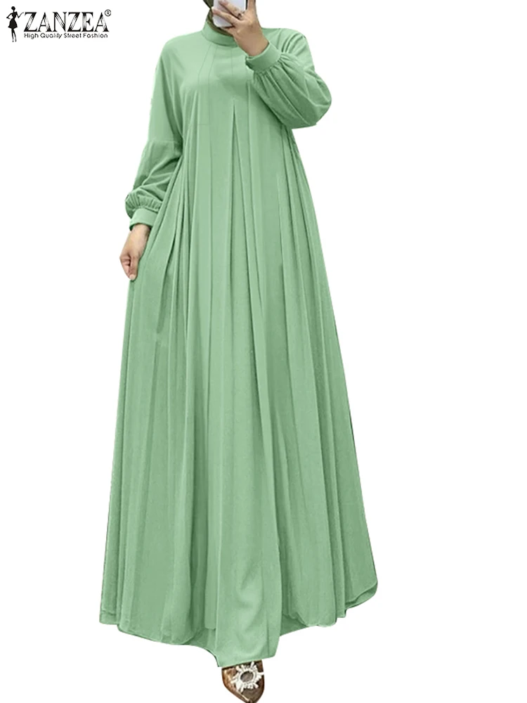 ZANZEA mode musulmane femmes Eid Robes 2025 islamique Hijab à manches longues plissé Abaya Robes modeste élégant solide longues Robes