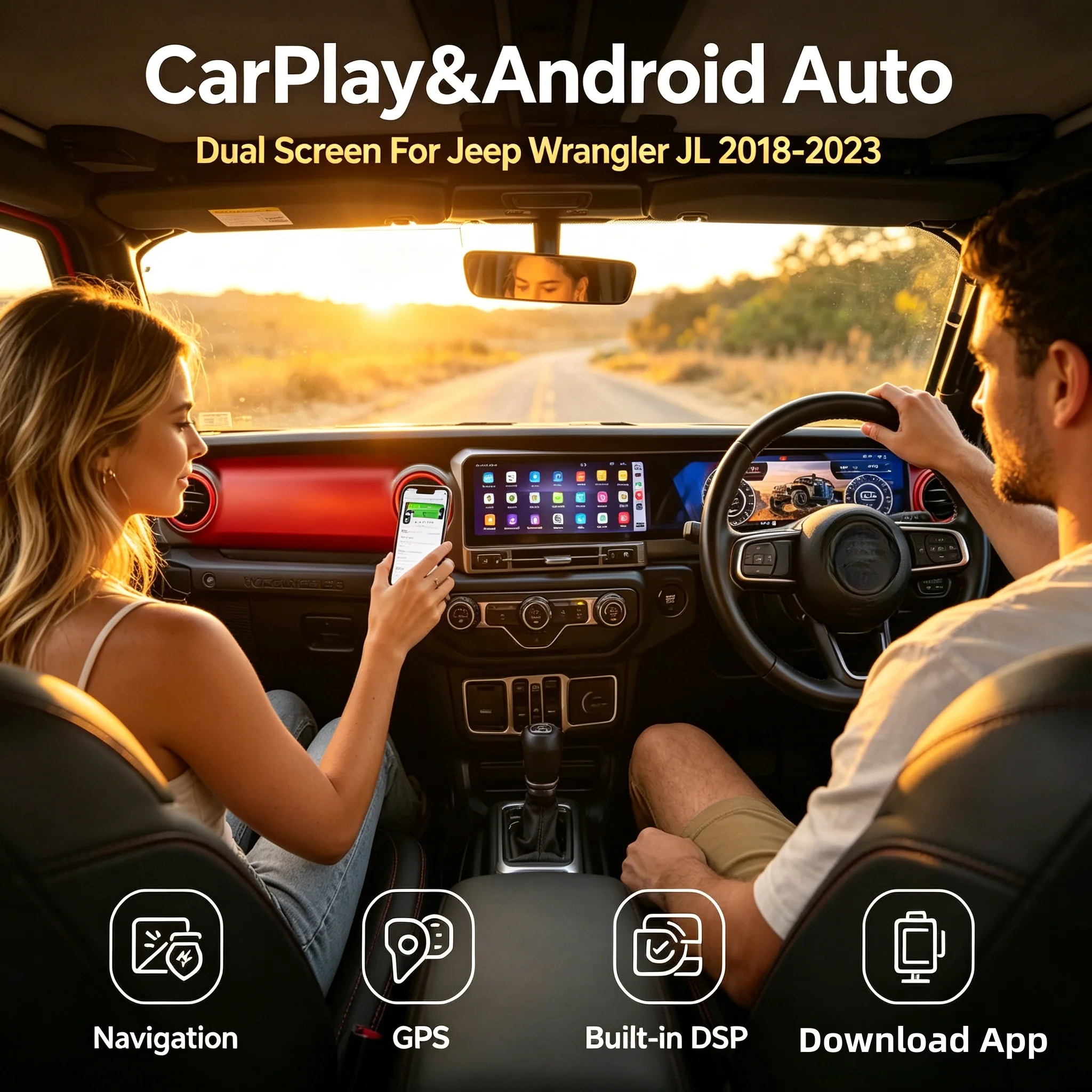 12.3+12.3 Inch Carplay Car Radio For JEEP WRANGLER 2018-2023 LCD Android Dual Touch Screen Radio Multimedia Player GPS Stereo