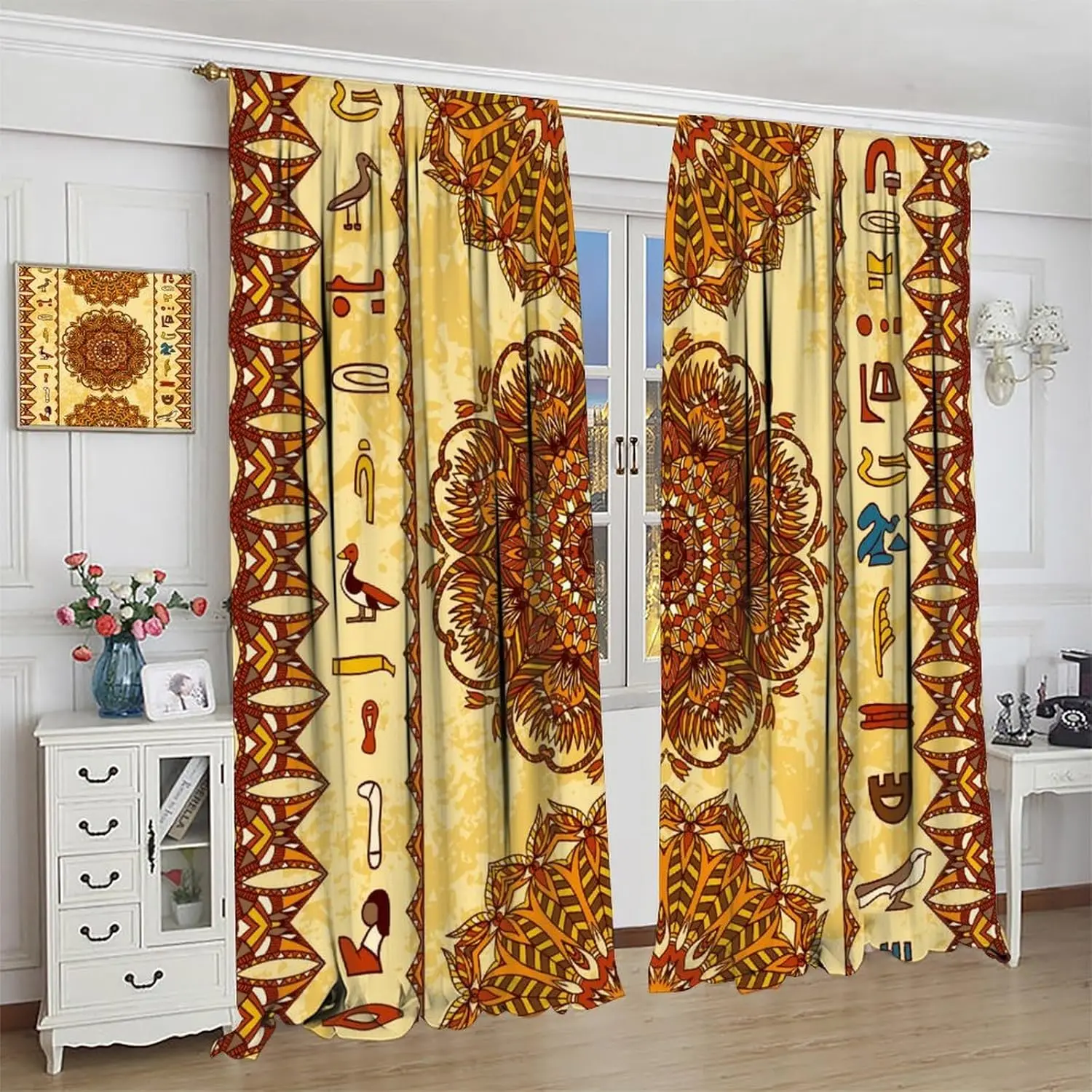 Vintage Egypt Curtains, Ancient Egyptian Hieroglyphs Boho Mandala Geometric Print Window Treatments for Kitchen Bedroon Living