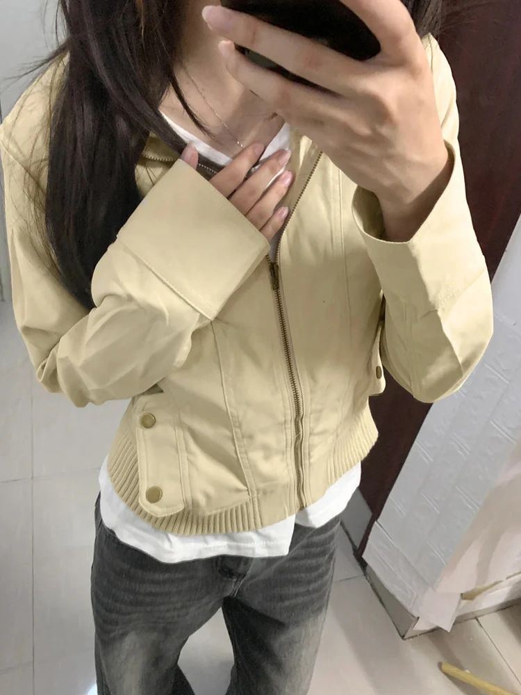 เสื้อแจ็คเก็ตสไตล์เรโทรอเมริกันสำหรับผู้หญิง รุ่นบาง เหมาะสำหรับฤดูใบไม้ร่วง ฤดูหนาว ฤดูใบไม้ผลิ ต้นฤดูหนาว ไซส์เล็ก แฟชั่นเสื้อคลุมสำหรับผู้หญิง