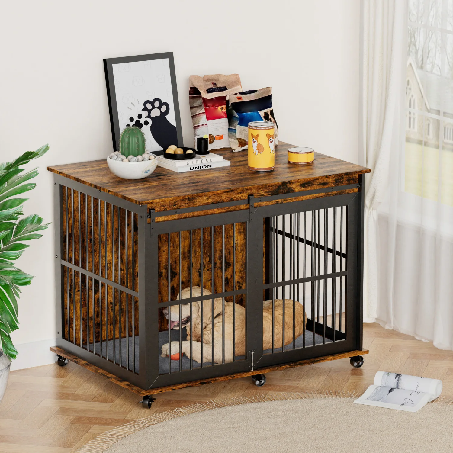 

Furniture dog crate sliding iron door dog crate with mat. (Rustic Brown,43.7''W x 30''D x 33.7''H).