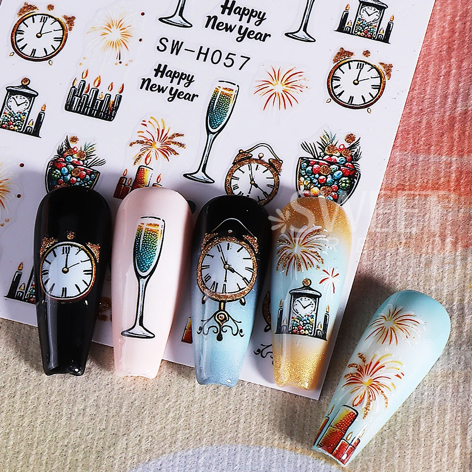2 pezzi adesivi per unghie natalizi glitter oro fuochi d'artificio champagne 2026 orologio design fiocco capodanno cursori per unghie decalcomanie manicure decor