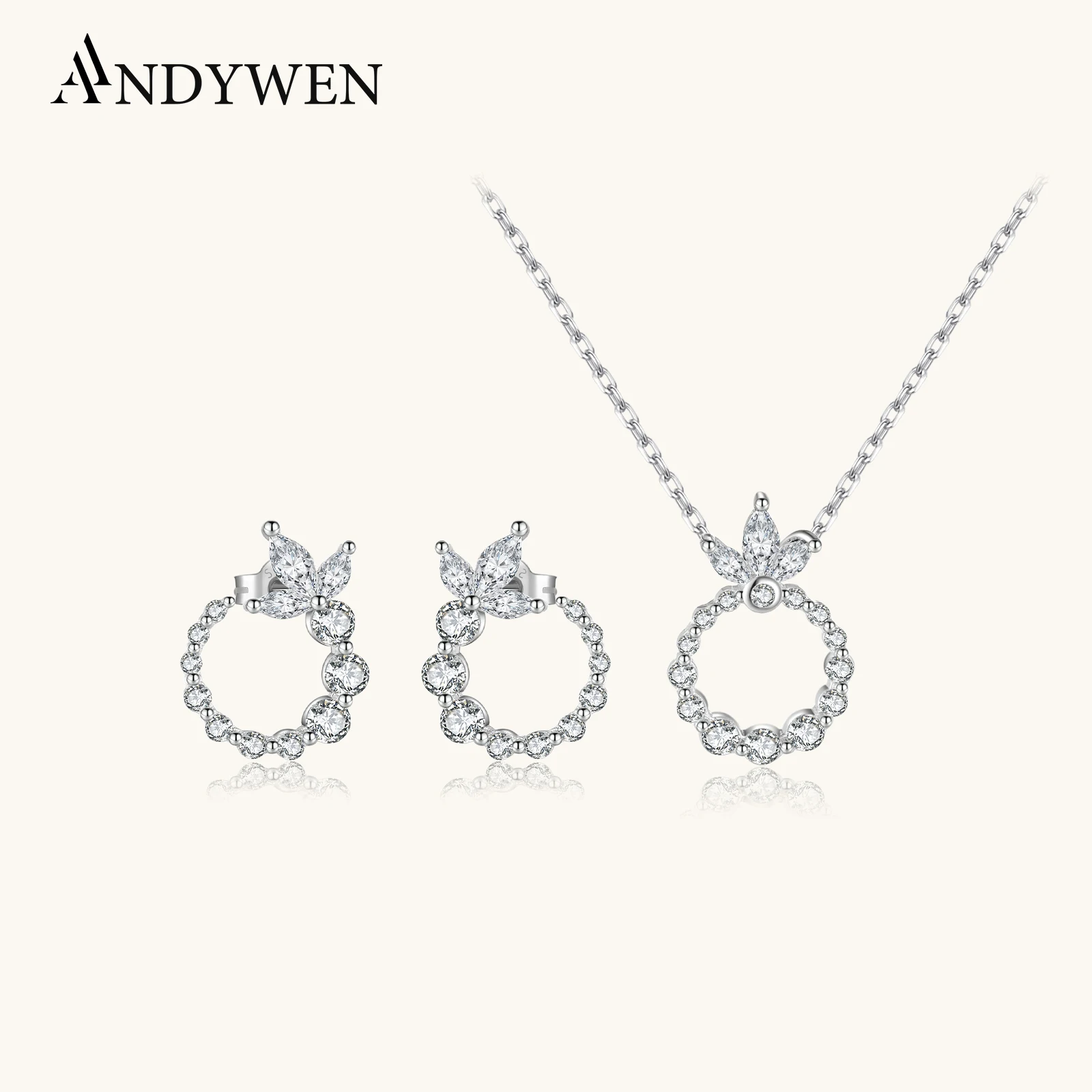

ANDYWEN Women 925 Sterling Silver Leafs Round Pear Shape CZ Zircon Necklace Stud Earring Luxury Fine 2025 Wedding Gift Jewelry