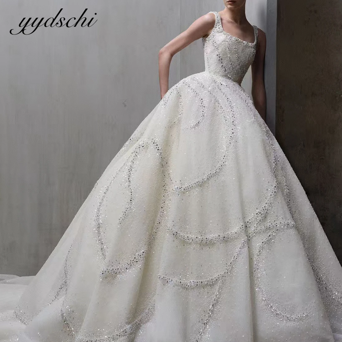 

Customized Shiny Square Collar Sequins Elegant Appliques Straps 2026 Wedding Dresses For Woman Bridal Gowns Vestidos De Novia