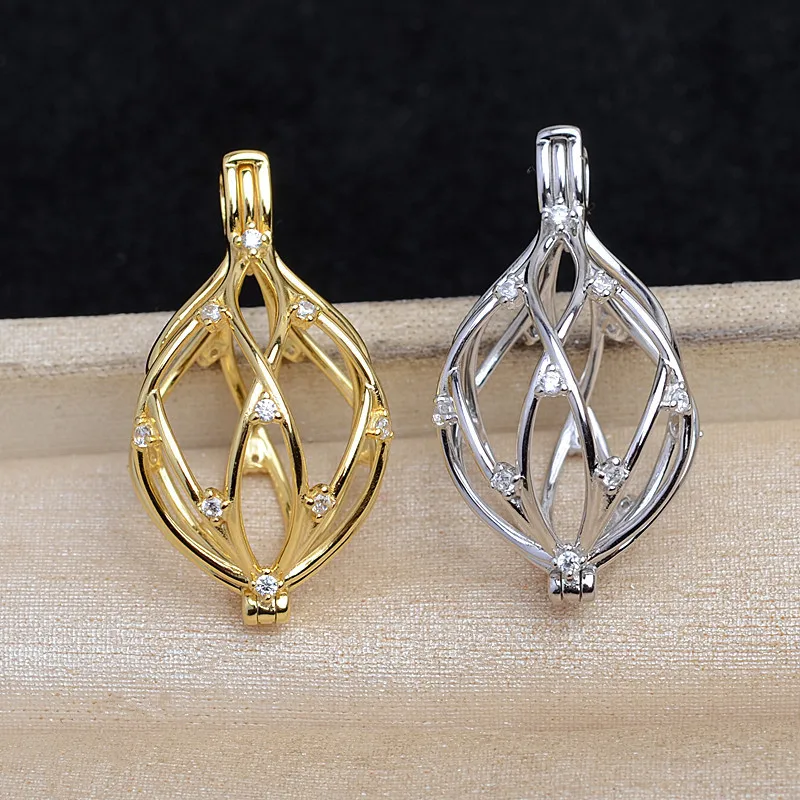 Wholesale 925 Sterling Silver Cage Pendant Mounts Base Findings Settings Mountings Jewelry Fittings for 12-15mm Pearls 3pcs/lot