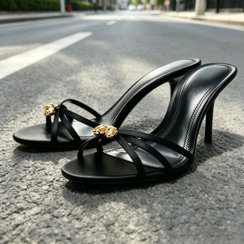Cute Strawberry Metal Detail Mule Sandals Women Black Satin Cross Tied Slide Sandals for Ladies Elegant Banquet Dress Shoes
