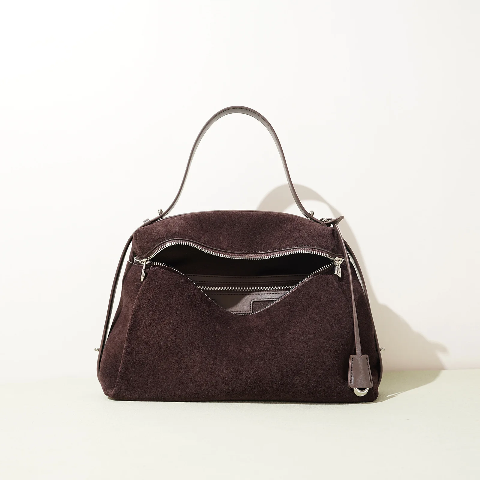 

Fashionista Chic Design Large Capacity Women Bowling Tote Coffee Suede Cow Leather Female Shoulder Bag High Quality Handbag