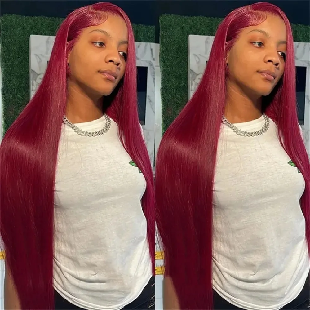 36 Inch Burgundy Lace Front Wig 13x4 HD Straight Human Hair Wigs For Women 200 Density 99J Red Colored 13x6 Lace Frontal Wigs