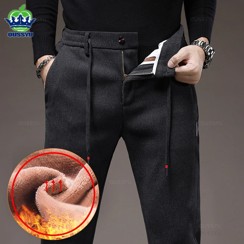 Pantalones informales de lana para hombre, pantalón grueso de algodón con cordón, cintura elástica, terciopelo, negocios al aire libre, Invierno