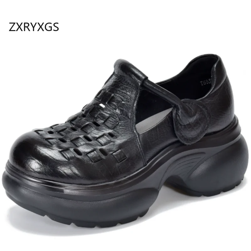 ZXRYXGS Top Cowhide Thick Sole Heighten Shoes High Heels Breathable Women Genuine Leather Shoes 2026 Spring Summer Roman Shoes