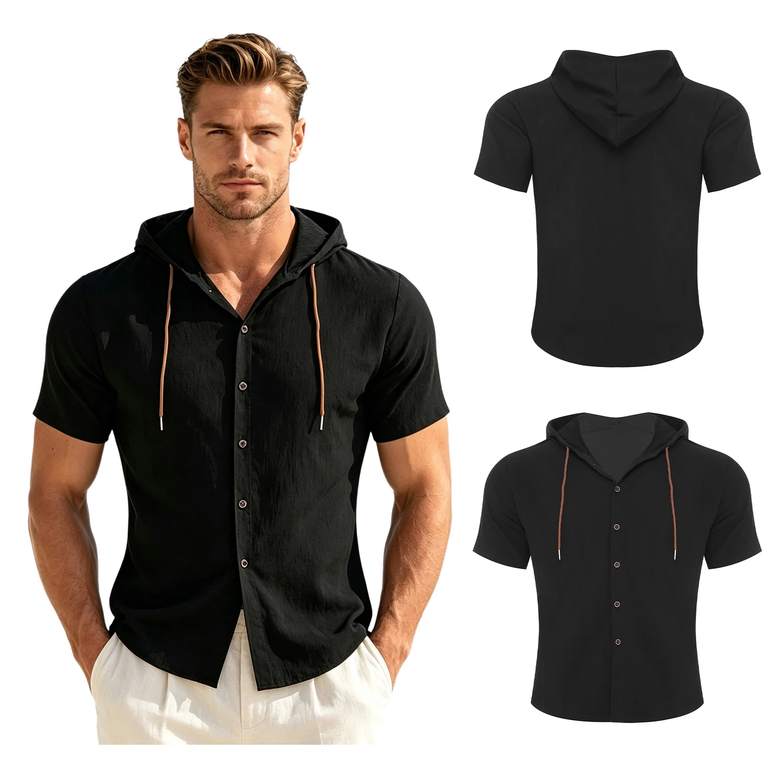 Mens T Shirt Short Sleeve Casual Hooded Button Down Relaxed Fit Textured Cotton Breathable for Work Office Vacation Summer