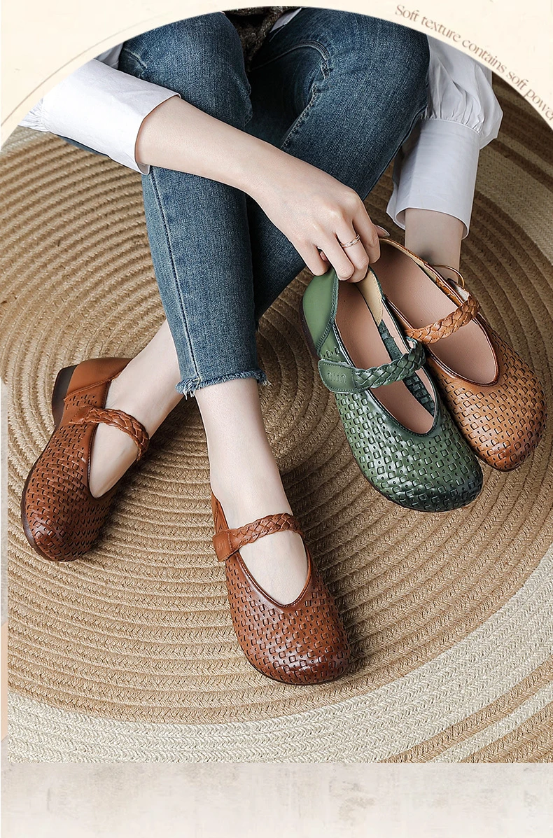 Retro-Kunst-Ästhetik Echtleder Mary Jane Flats Damen Premium Rindsleder Geflochtene Schuhe Elegante Mokassins Vintage-Schuhe – Detail 3