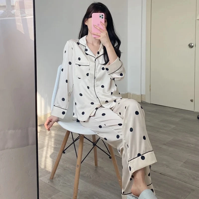 Women\'s Pajamas Sets Sleepwear Spring Autumn 2 Piece Lapel Print Pyjama Faux Silk Satin Long Sleeve Pijama Mujer Pjs Homewear