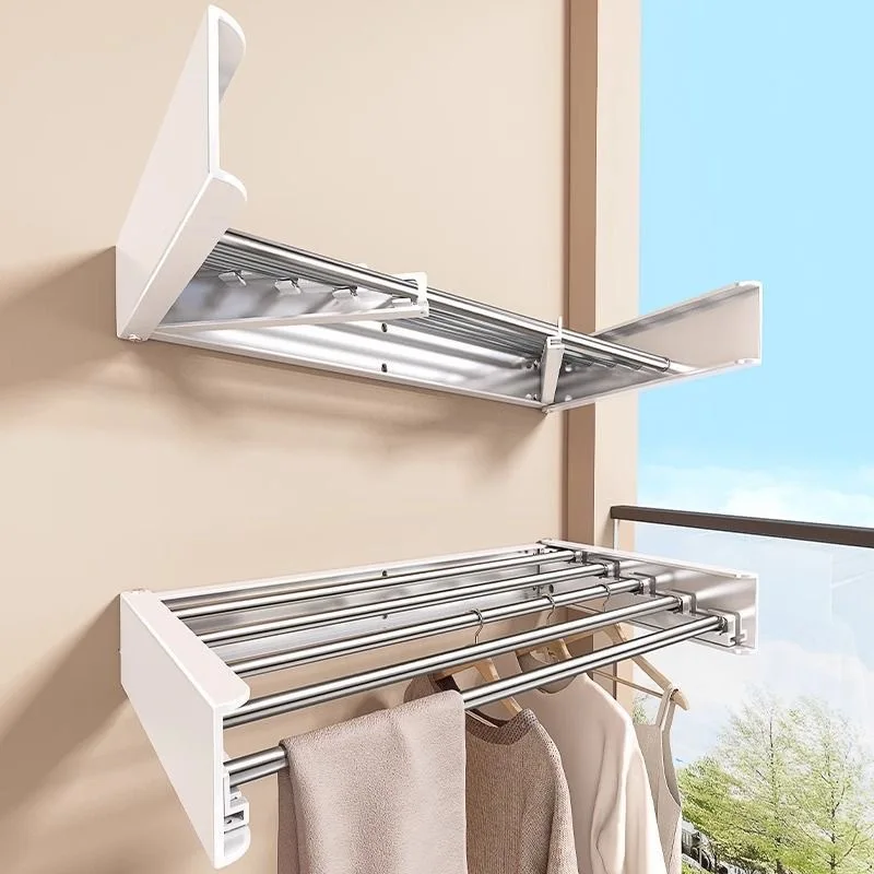 Invisible Folding Coat Rack Wall Mounted, Balcony  Retractable Clothes Hanger Space Saving Heavy Duty Laundry Storage Coat Rack