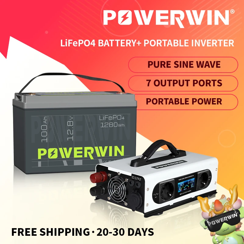 

POWERWIN BT100 12.8V 100Ah 1280Wh Built-in BMS LiFePO4 Portable PI1200 1200W 12V Pure Sine Wave EU Outlet 12V LCD