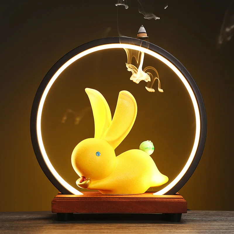 Ceramic Animal Statues Incense Waterfall Chinese Backflow Holder With USB LED Light Cones