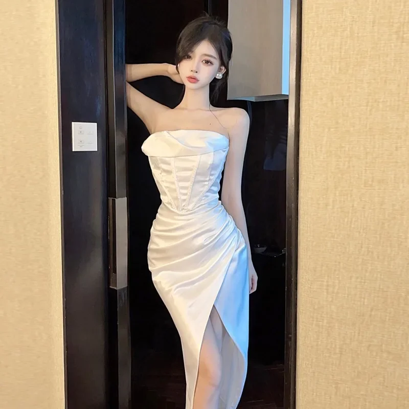 Sexy Off Shoulder Strapless Dress Elegant Ladies X-shape Fishbone Satin Party Banquet Dress Long Split White Birthday Dress