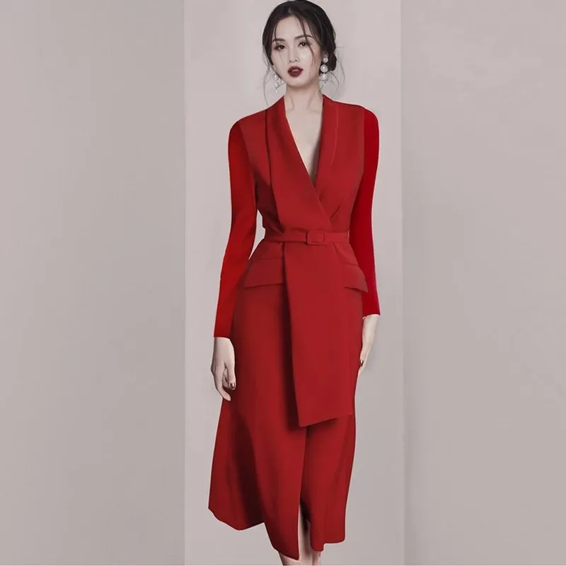 

High Quality 2023 New AutumnWomen Dress Red Split Slim Waist Lacing Sleevelesss V Collar Office Lady Style Elegant Dresses