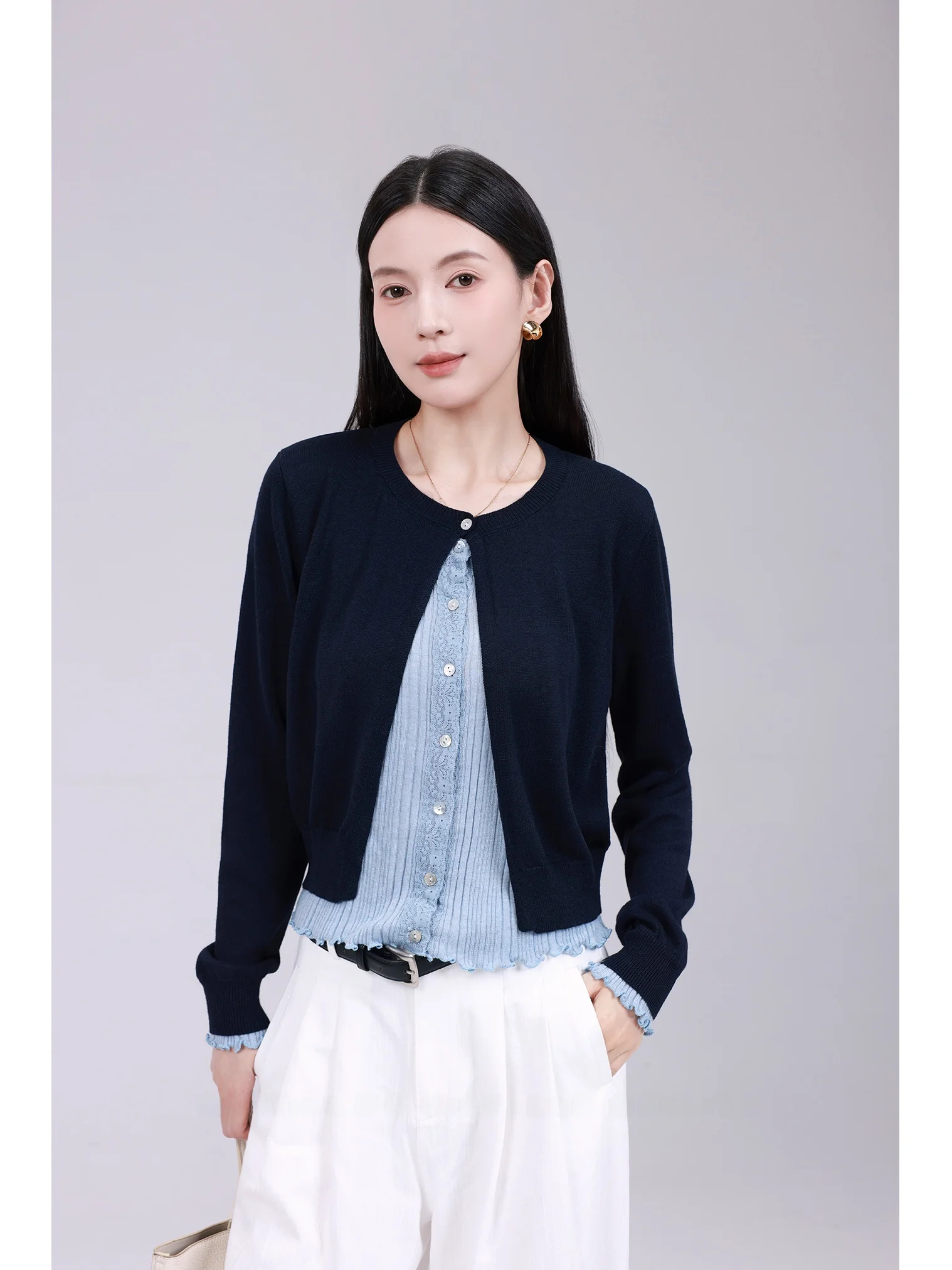 

Suotian Floral Lace Knitted Sweater Women's Sle Fake Two-Piece Color Blo Design Autumn Season Cardigan for Ladies