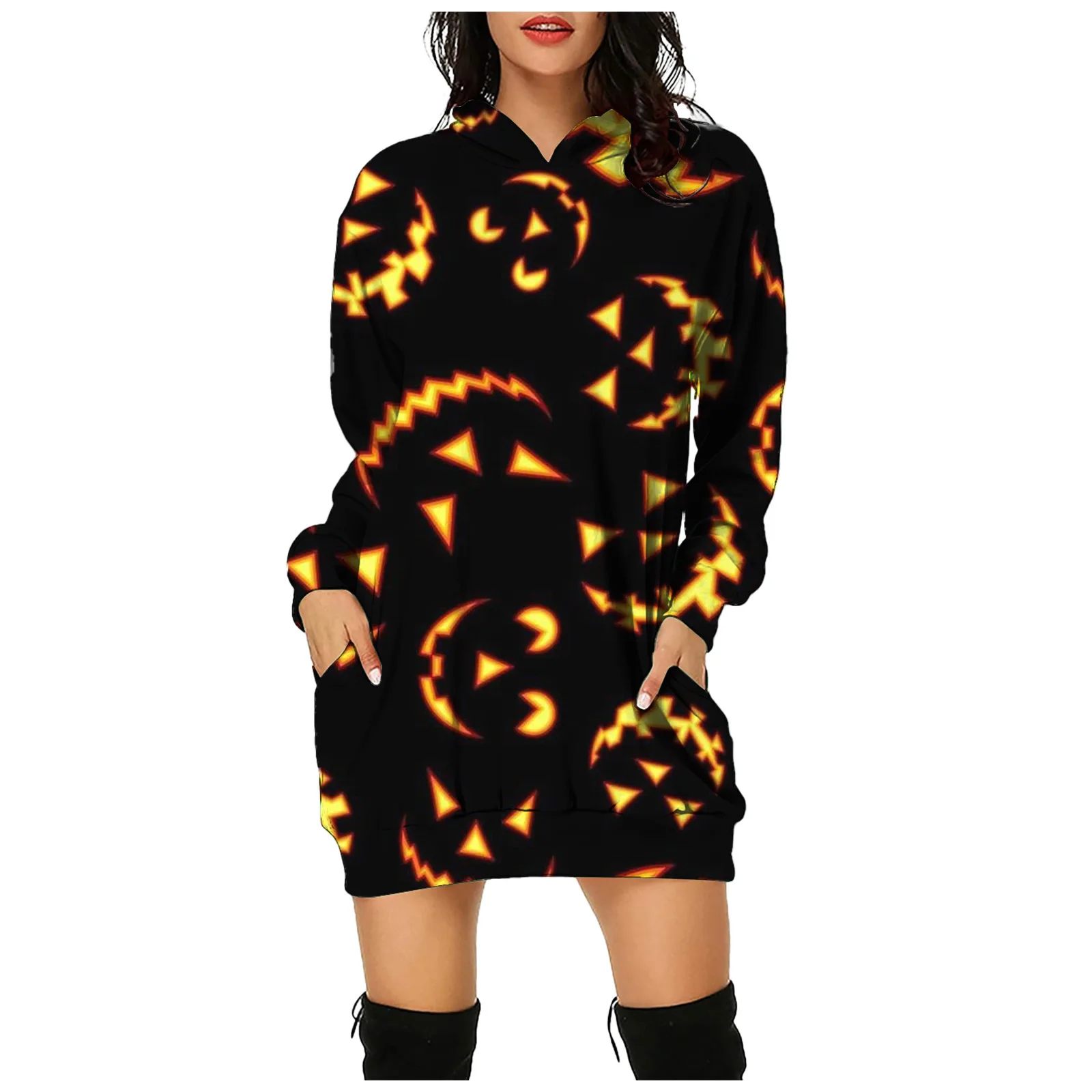 Ladies Halloween theme bat jack-o '-lantern digital print hooded pocket hoodie woman