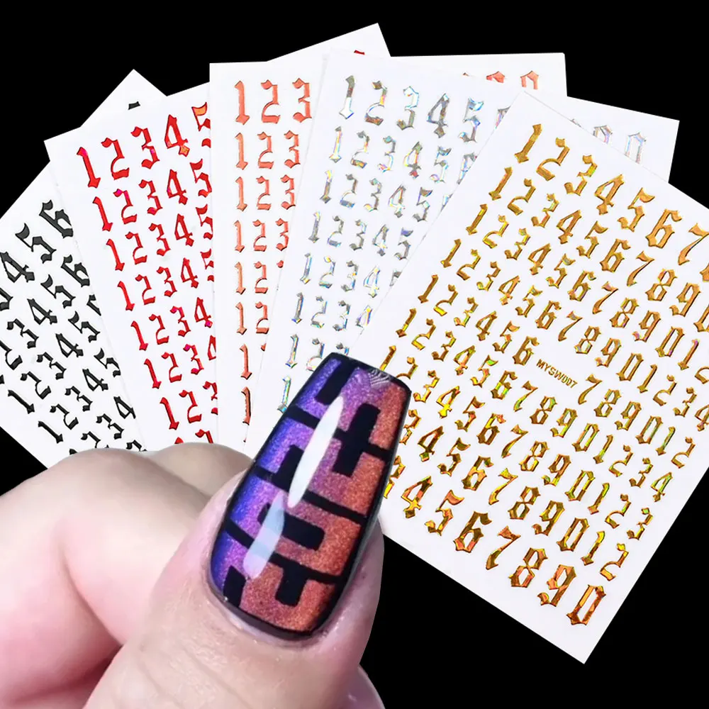 3D(0-9) Numbers Nail Sticker Black White Gold Silver Retro Numbers Nail Decals 8*10 Self-Adhesive Personalized Letter Nail Decor
