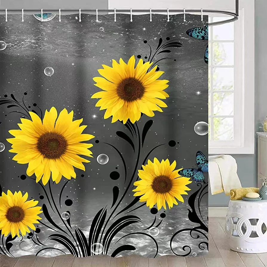 Ensemble de rideaux de douche en tournesol, avec tapis, couvercle de toilette, tapis de bain, papillon bleu, antidérapant, décor de salle de bain, 4 pièces