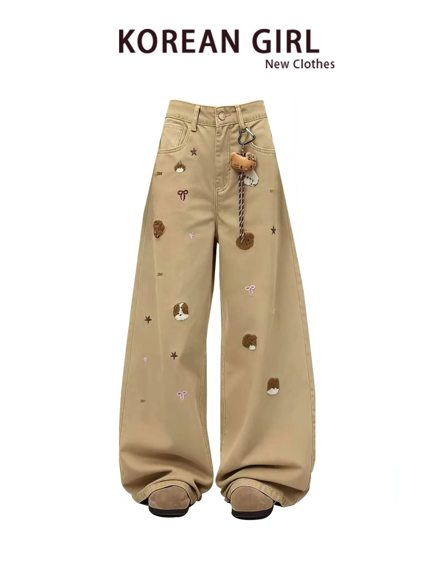 Kaki Color Embroidered Loose Women's Jeans High Waist Straight Leg Pants Casual Style Vintage Feel Comfortable Breathable