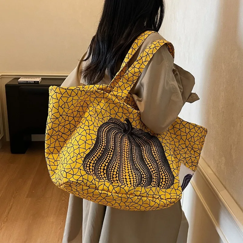 2026 New Retro Floral Pumpkin Print Tote Bag Large Capacity Canvas Handbag Cute Butterfly Eye Pattern Daily Shoulder Bag