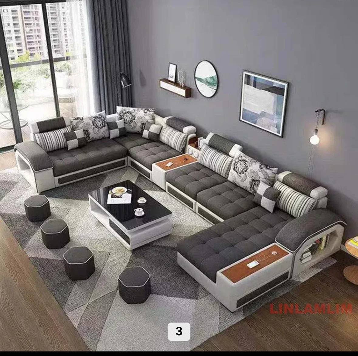Linlamlim U-Shaped Sectional Fabric Sofa Set - Modern Living Room Furniture with Storage, Built-in Side Table, USB, and Cushions