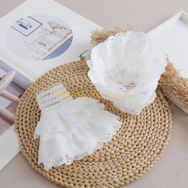 49MF Lace Sleeve Cuffs White Hand Sleeve Accessory with Sheer Layered Lace and Scalloped Trim for Costume Styling