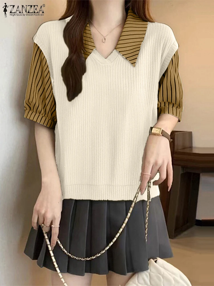 

ZANZEA женские блузки 2025 модные топы летние рубашки в консервативном стиле с коротким рукавом с лацканами в полоску в стиле пэчворк повседневные свободные вязаные топы