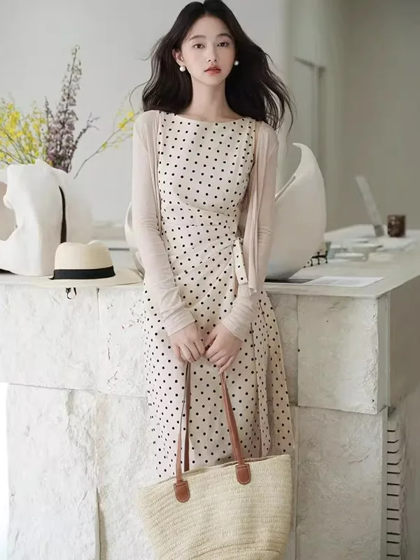 

Korean Style Gentle Wind High-End Polka Dot Dress And Coat Two-Piece Set Spring Fashion Comfortable Long Sleeve Cotton Blend