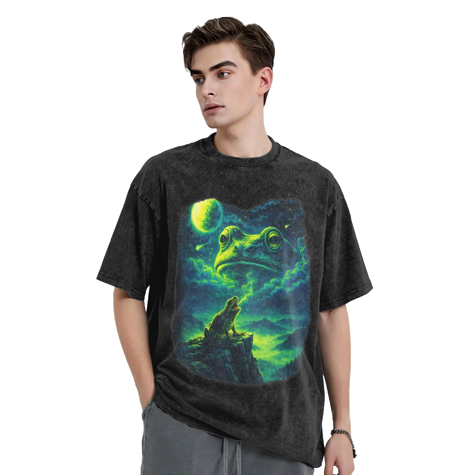 Vintage Washed T-Shirt Frog Howling to Moon Frogs Howl at The Moon Loose T-Shirts  Hip Hop Tshirt for Men Y2K Basic Pattern Tops