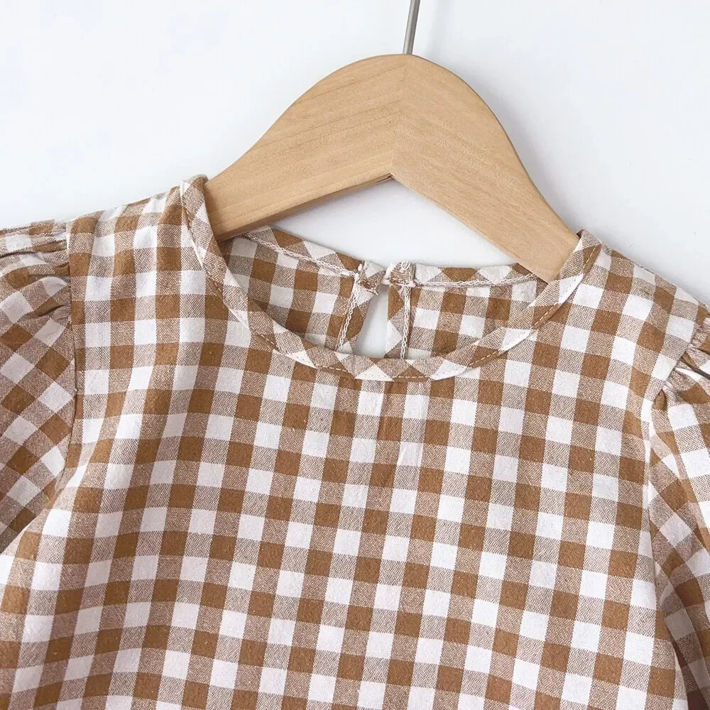 Children's Clothing Autumn Khaki Plaid Suits Long Sleeved Round Neck Top+Shorts Two-piece Sets Simple Basic Girl's Clothing image 3