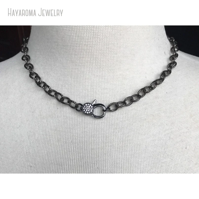 10Pcs gunmetal pave white or black crystal clasp choker on textured gunmetal chain