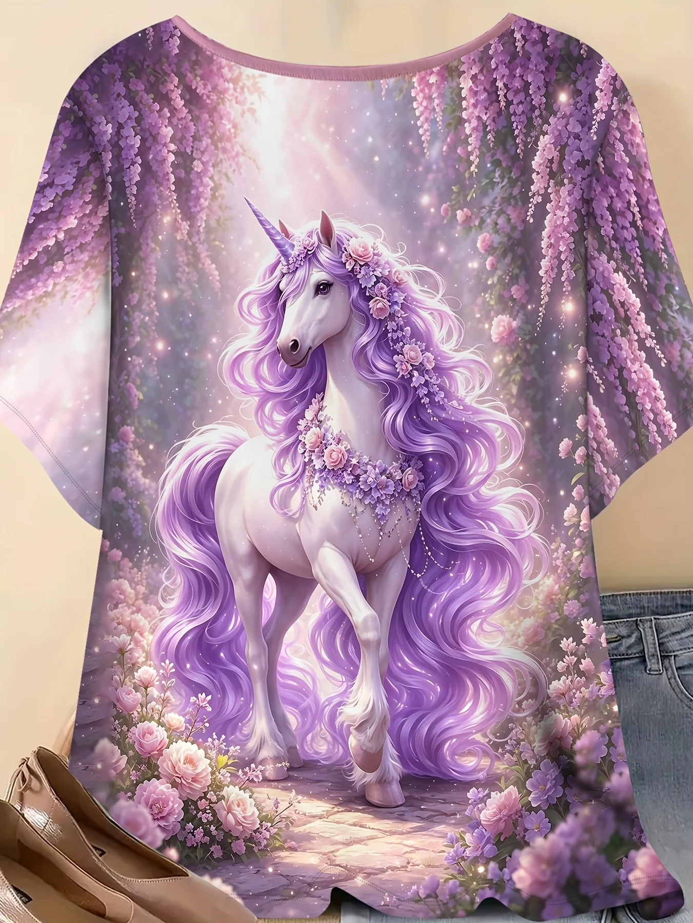 Women 3D Print T‑Shirt Fantasy Purple Unicorn Floral Garden Short Sleeve O‑Neck Casual Summer Holiday Tops