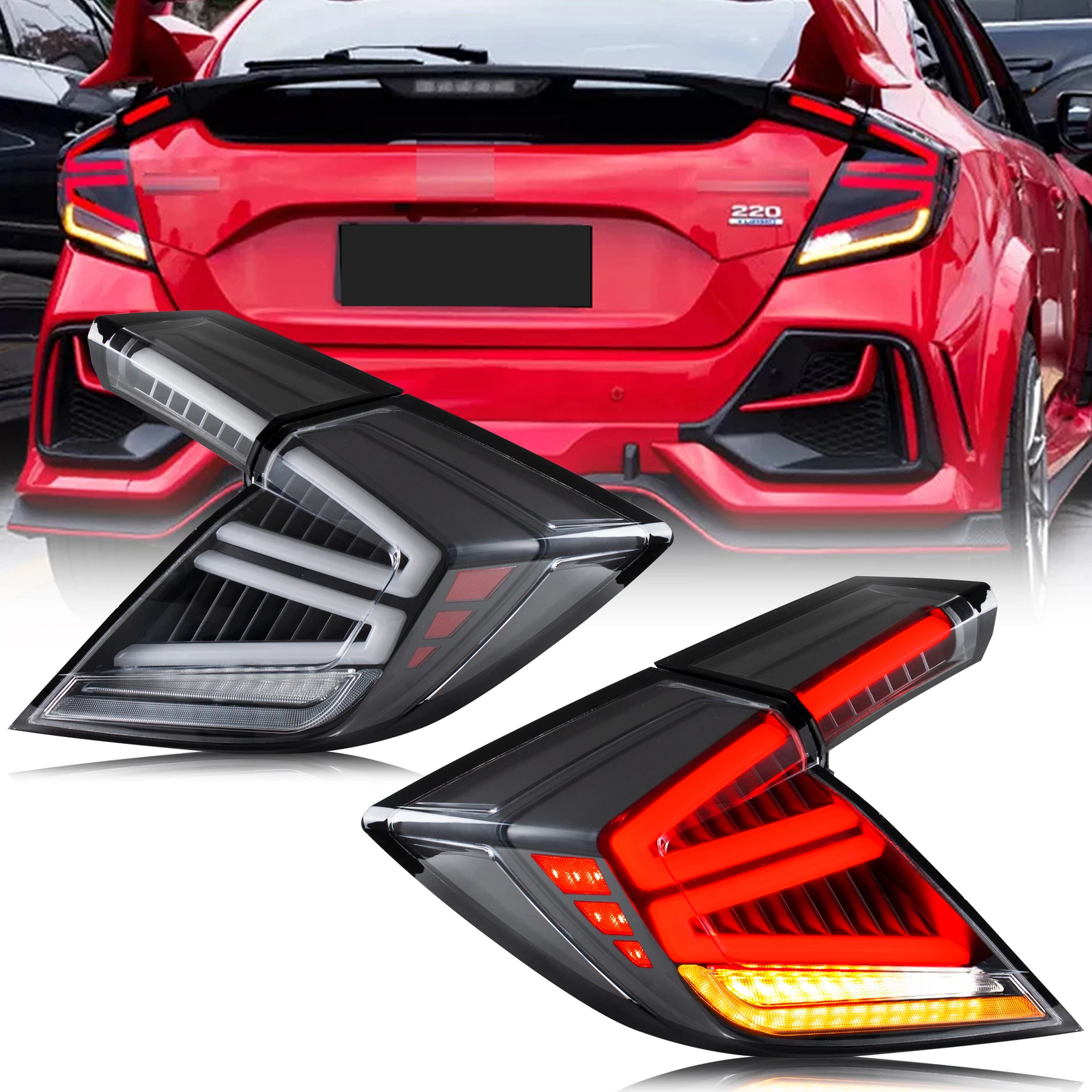 

LED Tail Lights for Honda Civic 2016-2021 Hatchback Type-R X FK6 FK7 FK8 FK9 Sequential Turn Signal Clear Rear Lamps Assembly