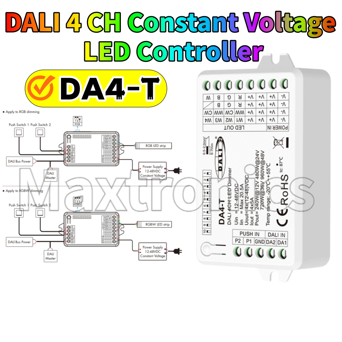NEW DALI LED Dimmer DA4-T Constant Voltage DT6/DT8 )12-48VDC Push Switch Dimmer for Dimmable Single Color CCT RGB RGBW LED Light