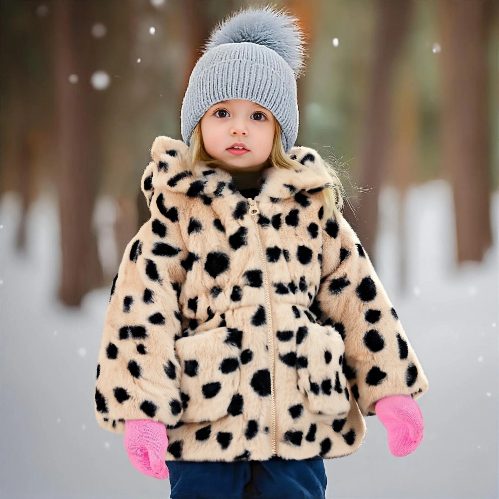 Baby Clothes Girl Winter Full Printed Spot Pattern Warm Lamb Suede Baby Girl's Outerwear Hooded Cute Casual Girl's Coat