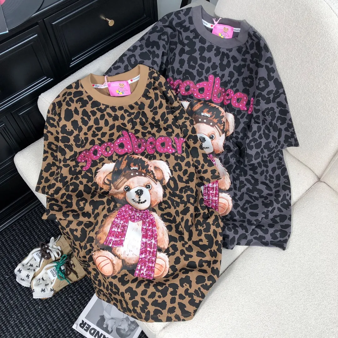 2025 Spring New American Retro Heavy Industry Diamond Bear Print Leopard Tops Trendy Casual Short-sleeved T-shirt Women