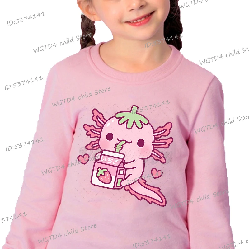 Spring Girls Boys Y2K Sudaderas Cute Axolotl Loves Drinking Strawberry Milk Graphics Pullover Cartoon Axolotl Kids Sweatshirt