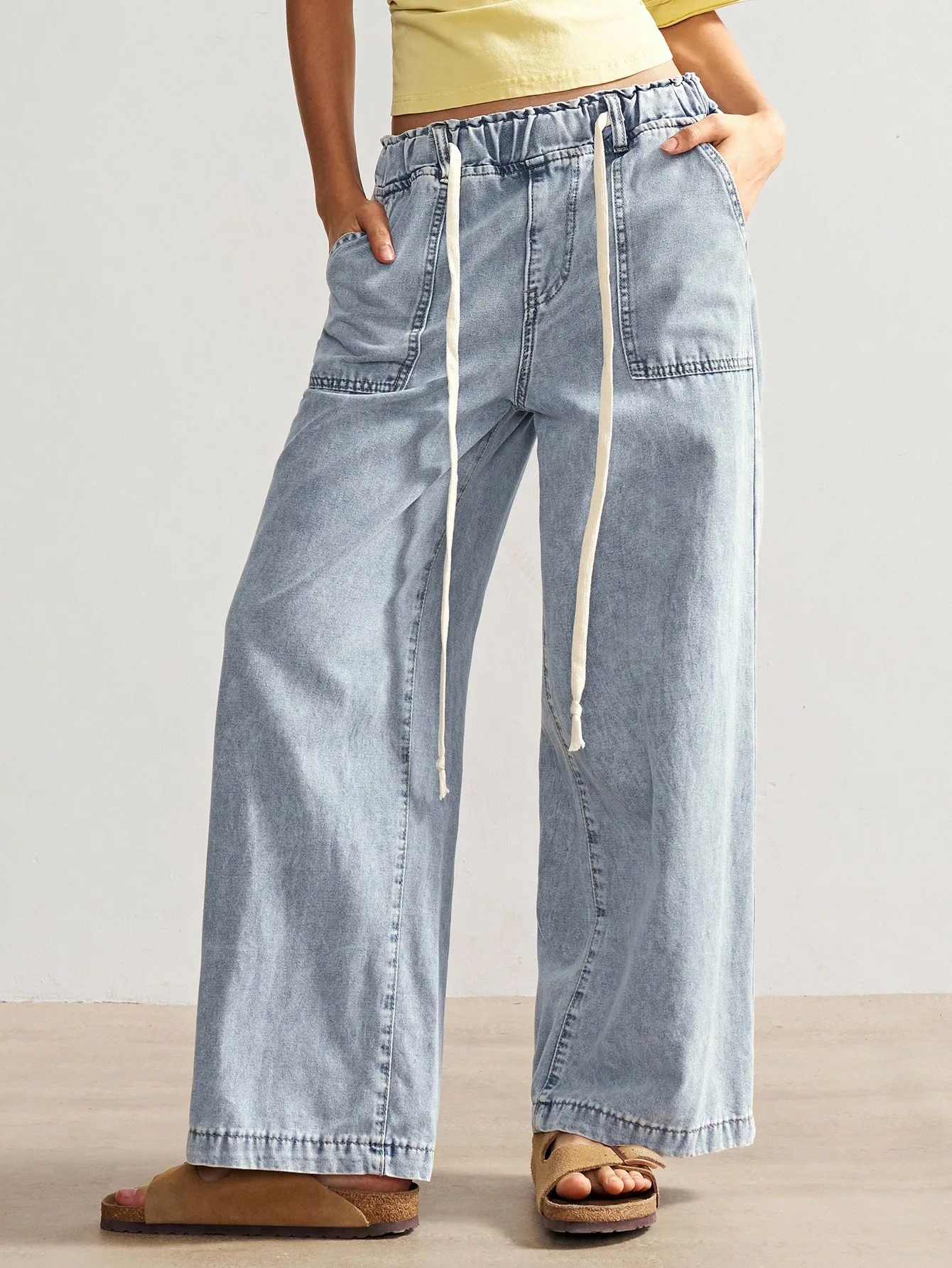 

Женские повседневные джинсы с широкими штанинами и завязками на талии