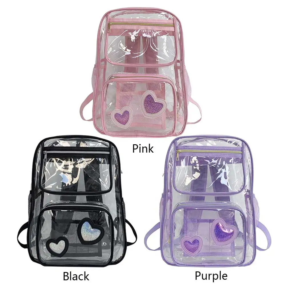 Clear PVC Backpack Transparent School Backpack Heavy Duty See Through Bookbag Large Capacity Multi-pockets for Outdoor Travel