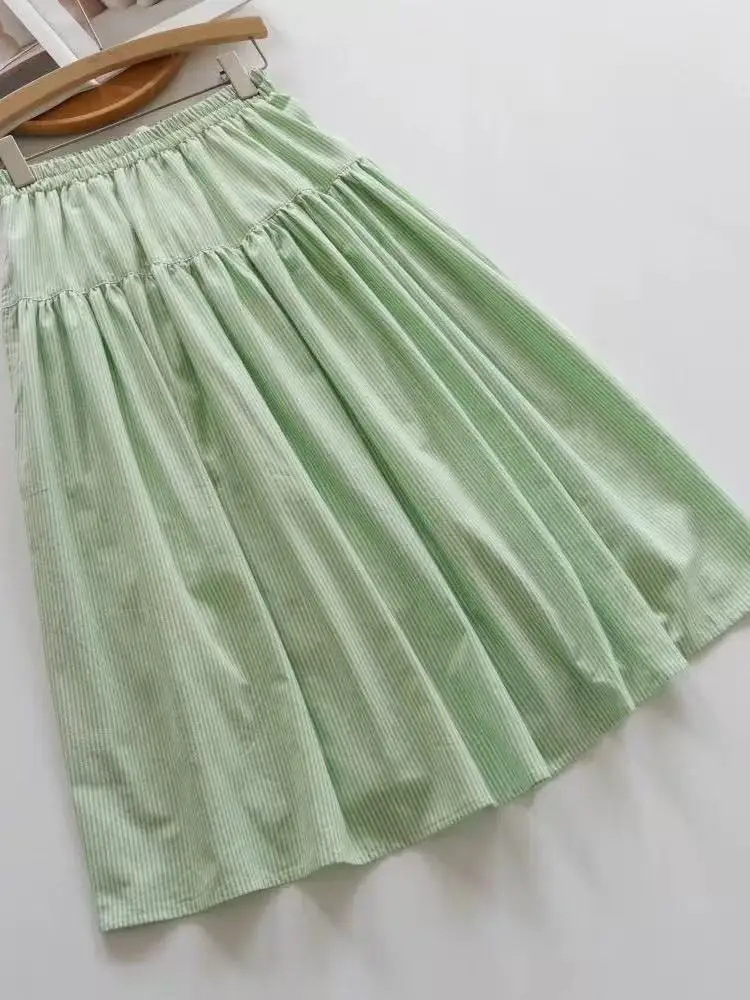 

Summer Half-length Stripe Cotton Skirt Women's Midi Skirt High Waist A-line Loose Fit Commute Friendly Skin-friendly Breathable