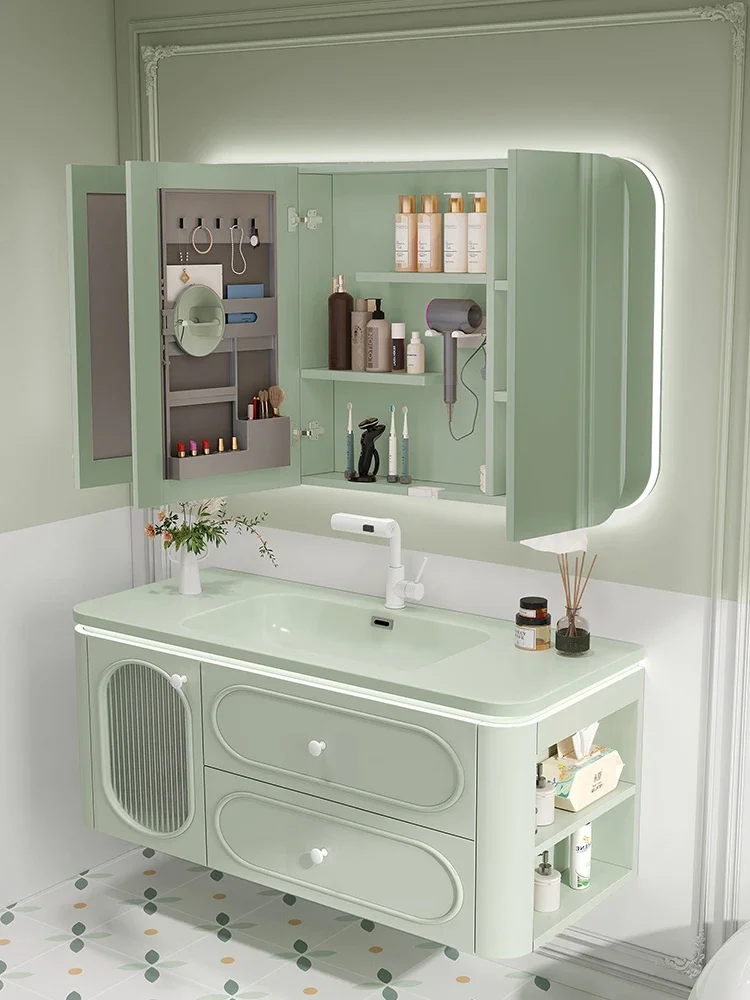 Avocado green bathroom cabinet combination washbasin washbasin ceramic integrated basin cream wind washbasin with light