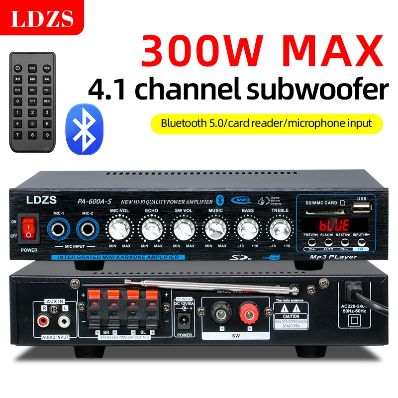 Audio Power Amplifier 300W bluetooth HiFi Amp Speaker 12V AV Amp Speaker Remote Control For Car Home Square Dancing 5.0 Channel
