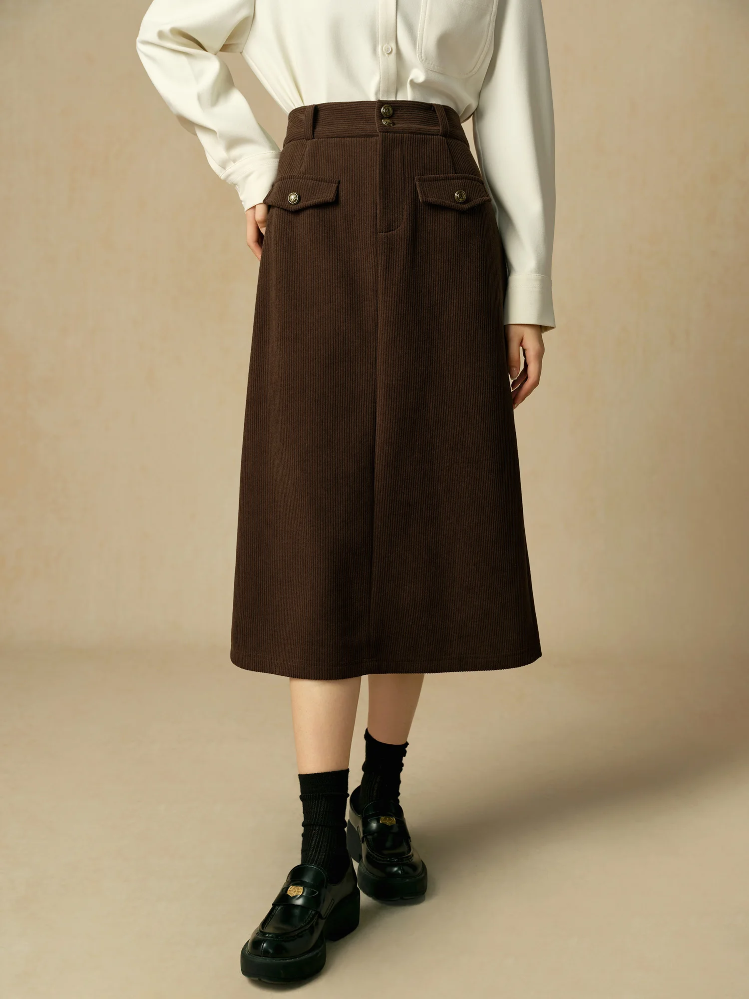 DUSHU【2 Length】Women Winter Corduroy Long Skirt Thicken Lining Fleece Female Brown Mini Skirts Women Skirt 24DS84373+24DS84273